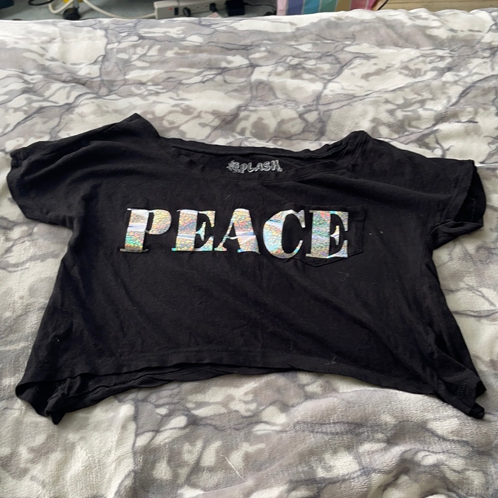 Black crop top with sparkly letters on the front